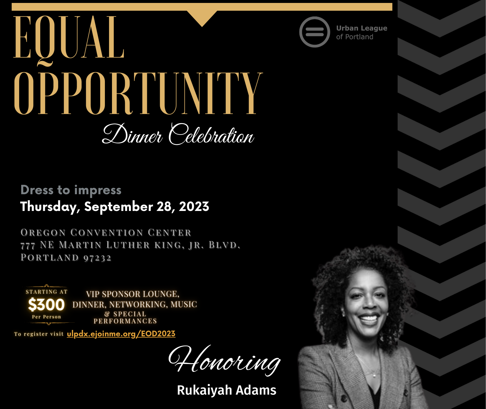Black page with yellow writing that says Equal Opportunity Dinner Celebration. 