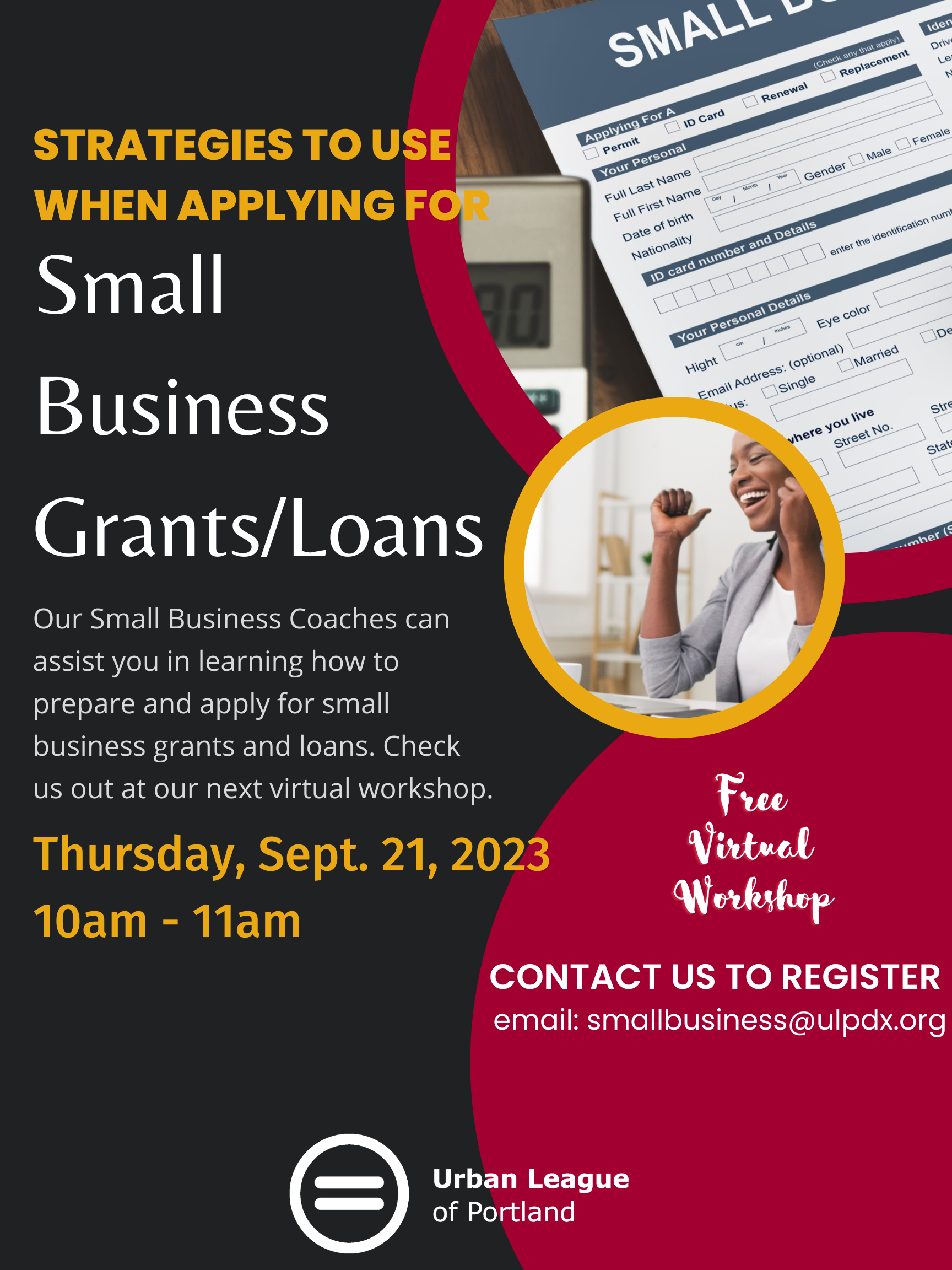 A flyer for the small business grants and loans workshop.