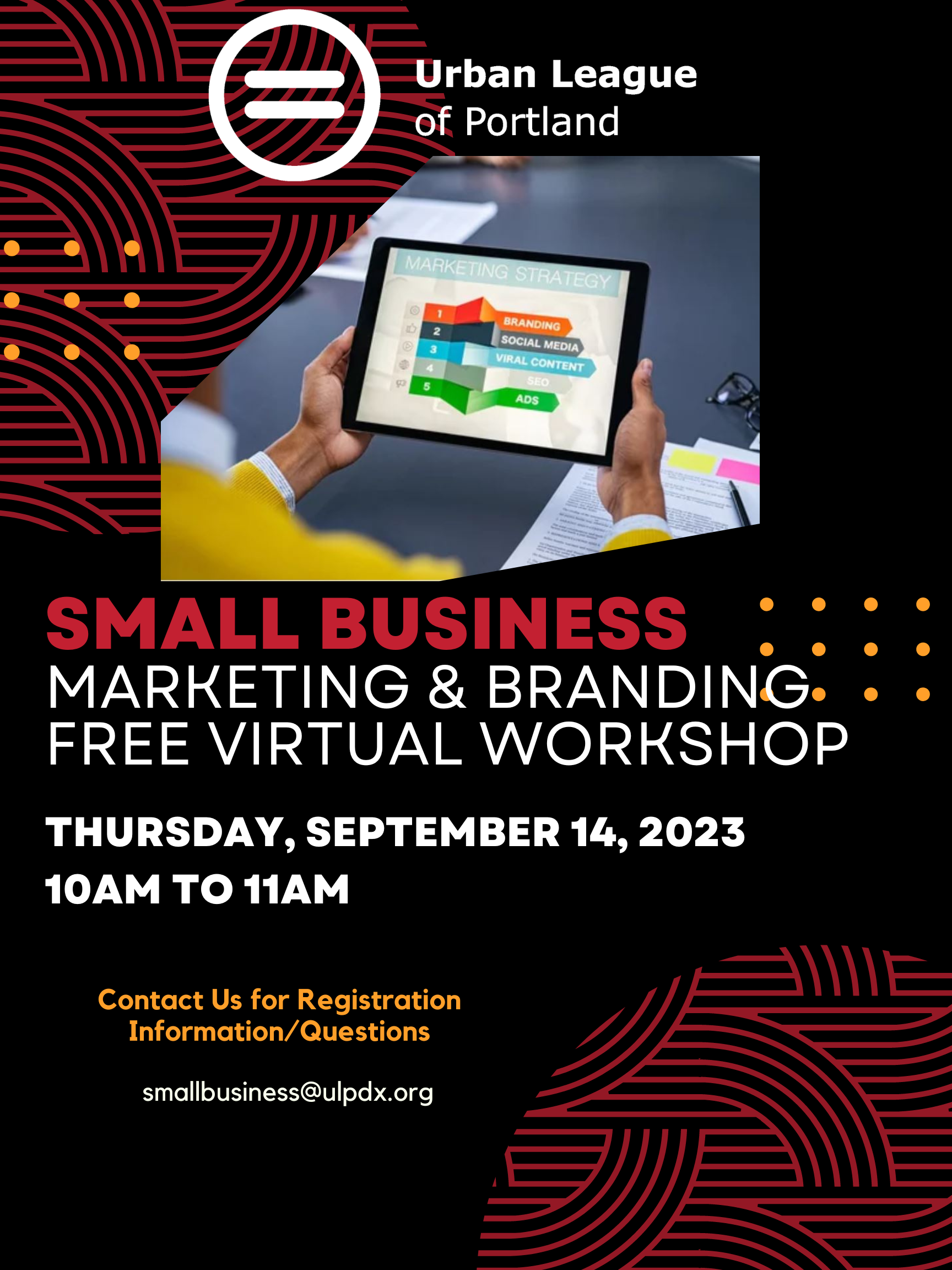 Flyer for small business marketing & branding free virtual workshop.