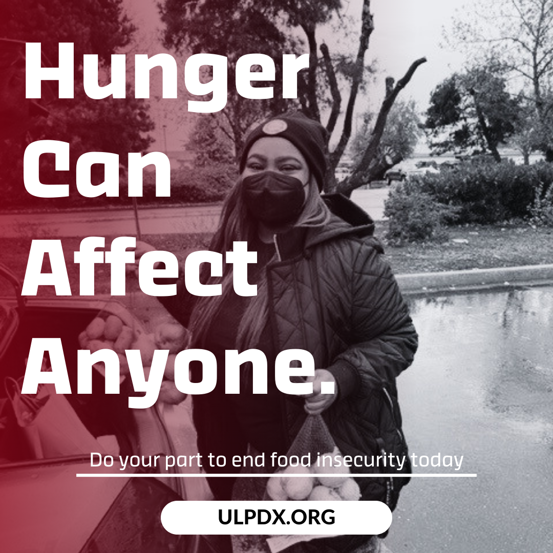 black and white image showing woman loading groceries into car trunk. White text over image reads: "Hunger can affect anyone. Do your part to end food insecurity today."