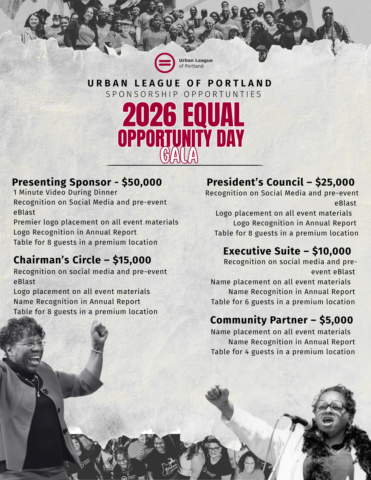 Promotional flyer for the Urban League of Portland's 2026 Equal Opportunity Day Gala. The design features a textured off-white paper background with black-and-white photographs of community members along the top and bottom edges. Large red and black title text in the center reads: “Urban League of Portland Sponsorship Opportunities, 2026 Equal Opportunity Day Gala.”