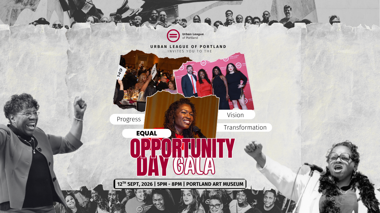 The Urban League of Portland logo appears near the top with the text: “Urban League of Portland invites you to the.” Large red lettering in the center reads “Equal Opportunity Day Gala.” Surrounding the collage are keywords in white rounded labels: Progress, Vision, and Transformation.