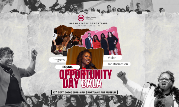 The Urban League of Portland logo appears near the top with the text: “Urban League of Portland invites you to the.” Large red lettering in the center reads “Equal Opportunity Day Gala.” Surrounding the collage are keywords in white rounded labels: Progress, Vision, and Transformation.